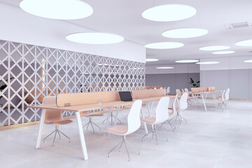 Fototapeta na wymiar Perspective view of open space office coworking interior with comfortable workplaces, long wooden desk with laptops, concrete floor, grey walls, and partition. Modern workspace design. 3D Rendering