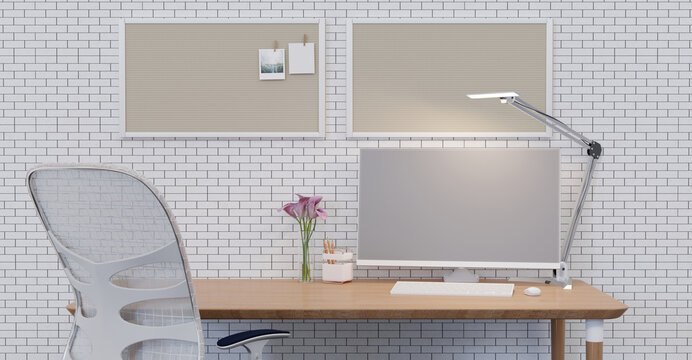 Desk, white office room minimalist style with computer stationery and broad post it and lamp broad pasted notes 3D illustrations