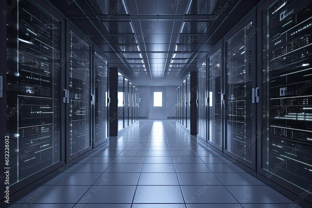 Aufkleber server room data center hallway with rows of server racks. 3d rendering, realistic server in datacen