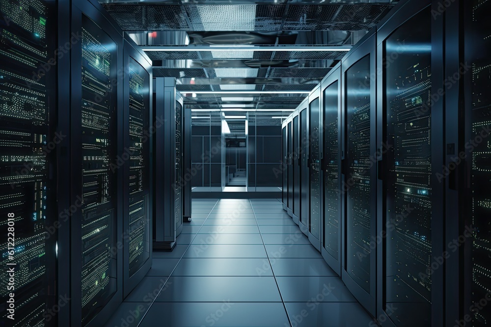 Poster server room data center. 3d rendering toned image double exposure, realistic server in datacenter cl