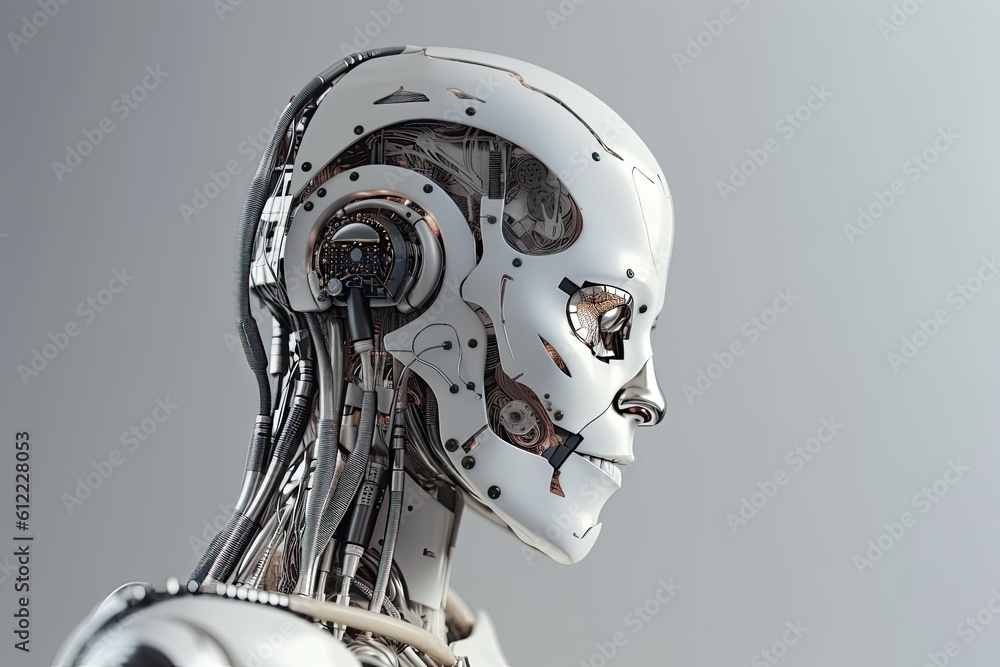 Poster 3d rendering humanoid robot or robot working isolated on grey background. robot woman on white backg