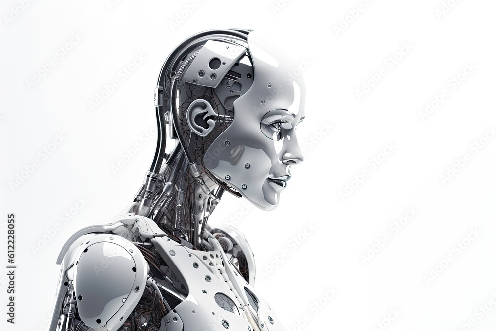Poster 3d rendering humanoid robot on white background with empty space for text, robot woman on white back