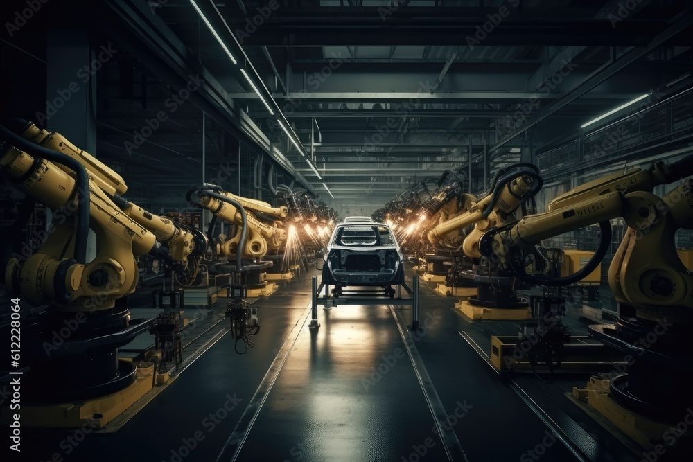Poster production line of the factory for the production of robots and automated machinery. industrial back