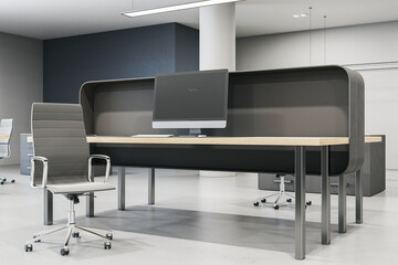 Modern coworking office interior with furniture, empty computer monitors and concrete flooring. Mock up, 3D Rendering.