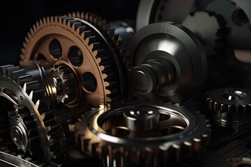 Cogwheels and gears on a dark background. 3d rendering, Realistic industrial engine gear and wheels, AI Generated