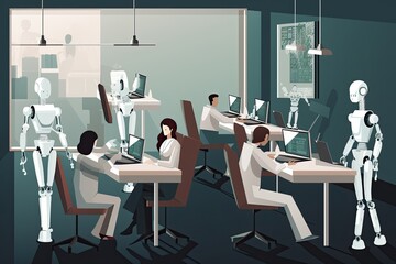 Robot team working in the office. Artificial intelligence concept illustration, Robots replacing humans in the office, AI Generated