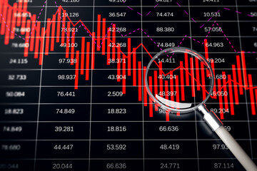 Falling forex chart grid with magnifier on black backdrop. Trade chart stock analysis on financial crisis and recession, business money market background. 3D Rendering.