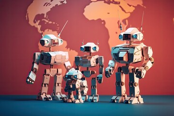 3d rendering group of robot with world map in the background. Robots conquering the world, AI Generated