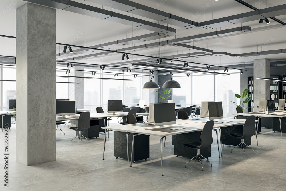 Poster Perspective view of an open loft office interior with desks, computers and concrete floor. A window lets in natural light. Modern workspace design and business background. 3D Rendering