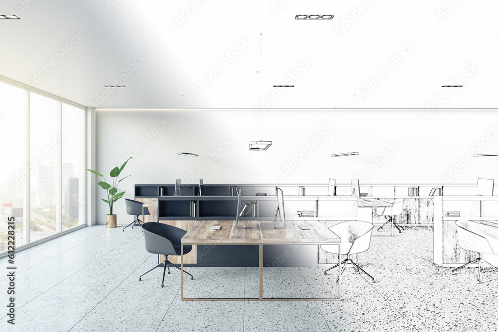 Poster design project of a modern office with an open plan design featuring a floor of concrete, comfortabl