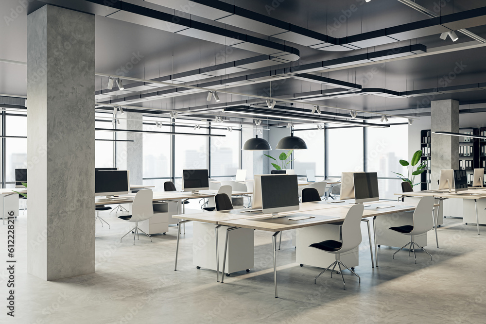 Poster comfortable workplaces in an open office interior with desks, computers, and a window. the design is