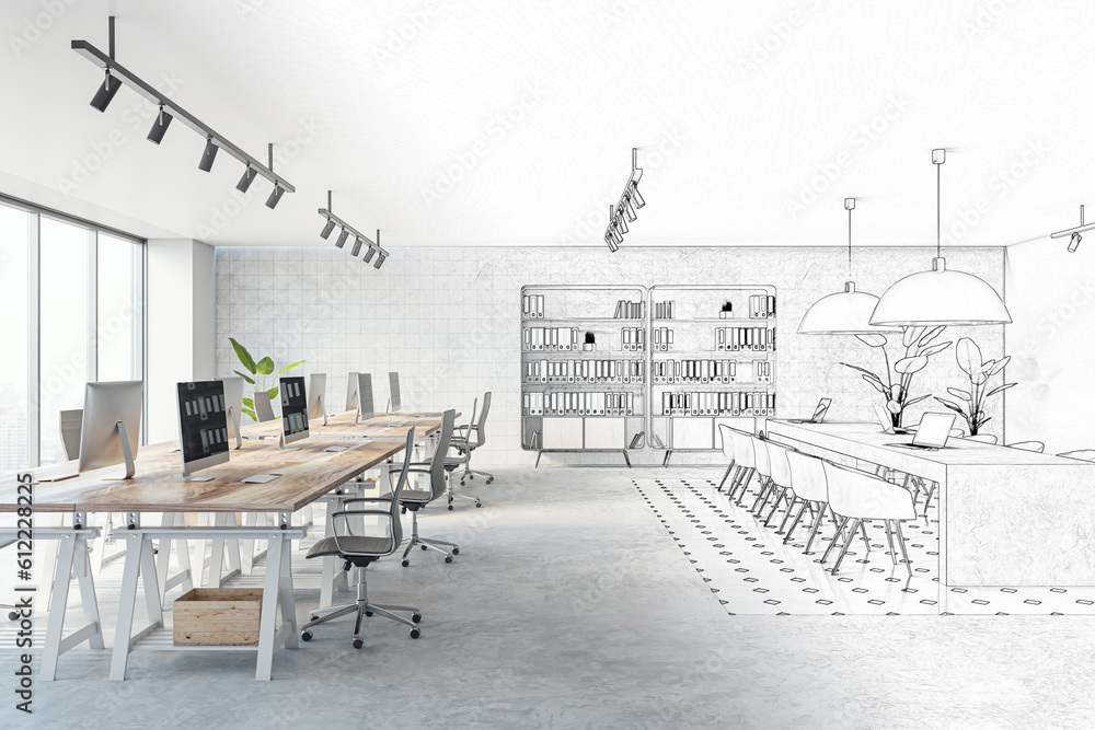 Poster office interior design project background. 3d rendering