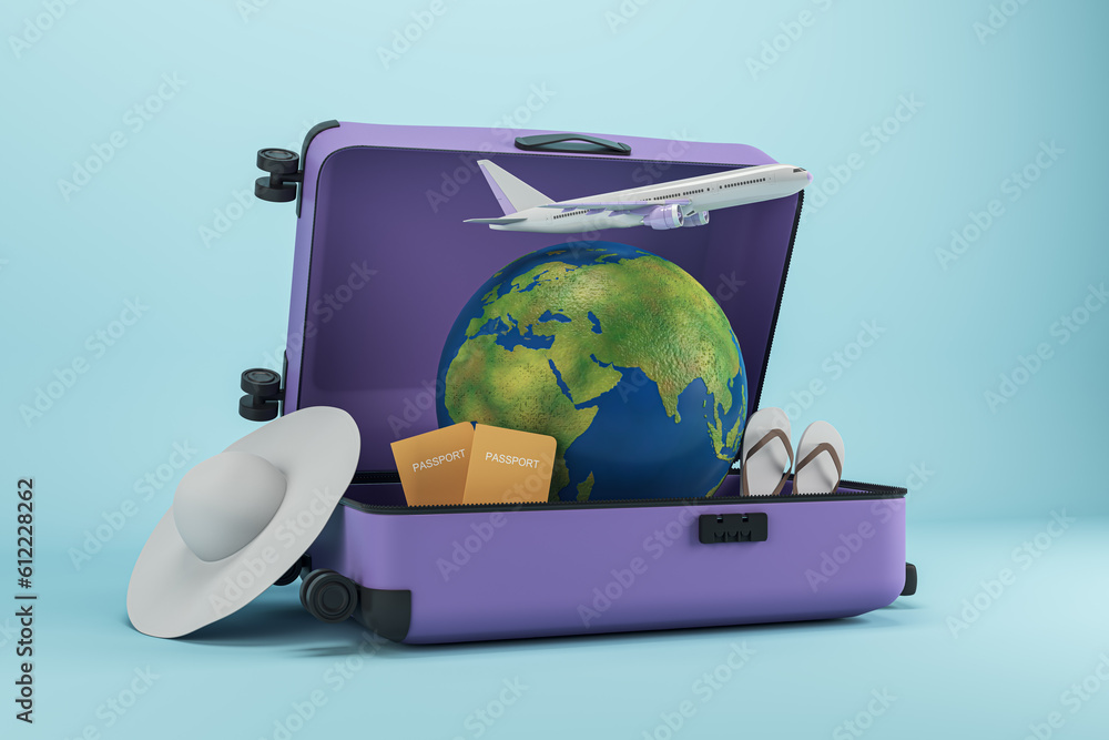 Poster abstract image of suitcase filled with airplane, globe and beach items on blue backdrop. summer vaca