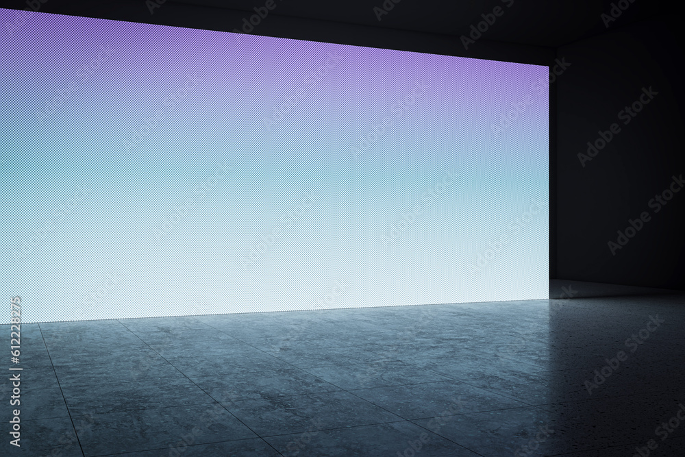 Poster perspective view of blank blue digital screen wall and concrete floor background. 3d rendering
