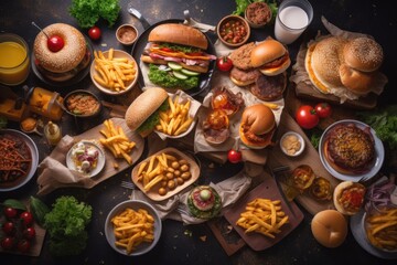 Fast food concept. Set of hamburgers, cheeseburgers, french fries, vegetables and sauces on dark background, So many delicious fast food items on top view on a table, AI Generated