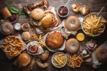 Fototapeta na wymiar Overhead view of hamburgers and french fries on wooden table, So many delicious fast food items on top view on a table, AI Generated