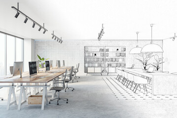 Office interior design project background. 3D Rendering
