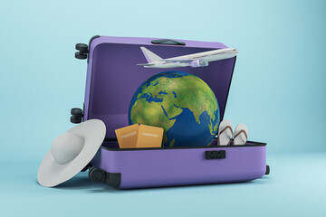 Abstract image of suitcase filled with airplane, globe and beach items on blue backdrop. Summer vacation, tour agency and travel concept. 3D Rendering.