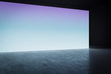 Perspective view of blank blue digital screen wall and concrete floor background. 3D Rendering