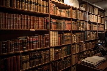 Bookshelves in a library. Bookshelves with books. So many vintage law books on a huge bookshelf, AI Generated
