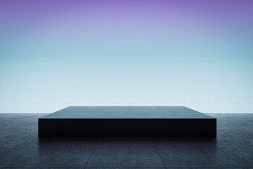 Blank blue light wall and concrete floor with square pedestal background. 3D Rendering