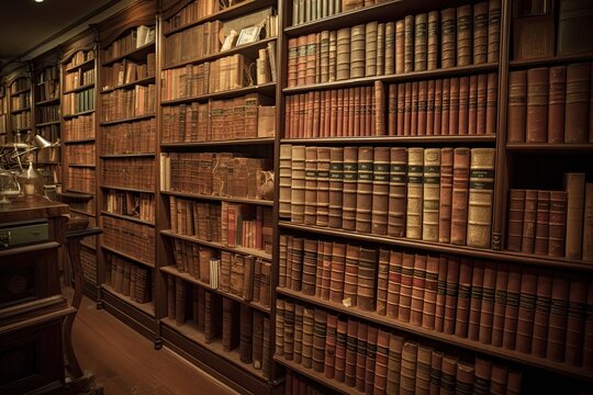 Old bookshelf in the library. Vintage toned image. So many vintage law books on a huge bookshelf, AI Generated