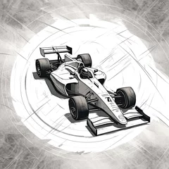 Zelfklevend Fotobehang Racing car sketch on a grunge background illustration. Sport car racing formula one race track line art, AI Generated © Iftikhar alam