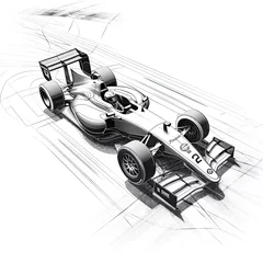 Fotobehang illustration of a formula race car in black and white background. Sport car racing formula one race track line art, AI Generated © Iftikhar alam