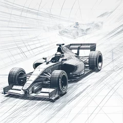 Rolgordijnen sketch of a racing car on a white background. 3d rendering, Sport car racing formula one race track line art, AI Generated © Iftikhar alam