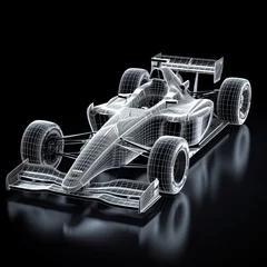 Zelfklevend Fotobehang formula race car on a black background. 3d render image. Sport car racing formula one race track line art, AI Generated © Iftikhar alam