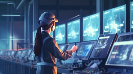 安全ヘルメットをかぶり、制服を着たエンジニアの女性が、工場で機械の制御を行う大画面のモニター・コンピューターに映っていますGenerativeAI