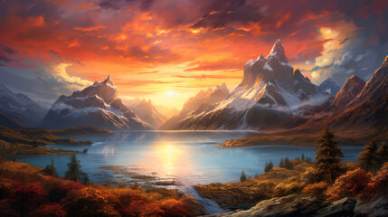 Fototapeta na wymiar Sky's Canvas at Dawn: Mountain Peak View, Generative AI