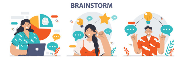 Brainstorm set. New idea generation in a teamwork discussion