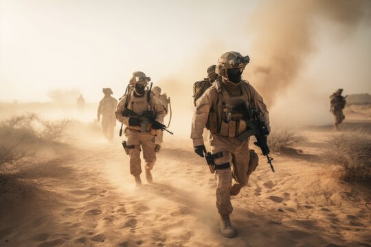 United States Navy Special forces soldiers in action during a desert mission. Special military soldiers walking in a smoky desert, AI Generated