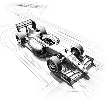 illustration of a formula race car in black and white background. Sport car racing formula one race track line art, AI Generated