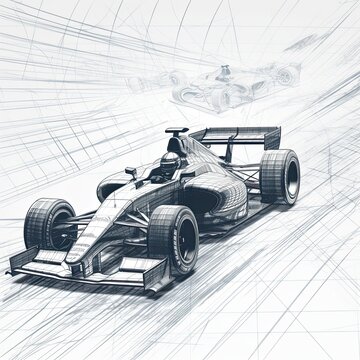 sketch of a racing car on a white background. 3d rendering, Sport car racing formula one race track line art, AI Generated