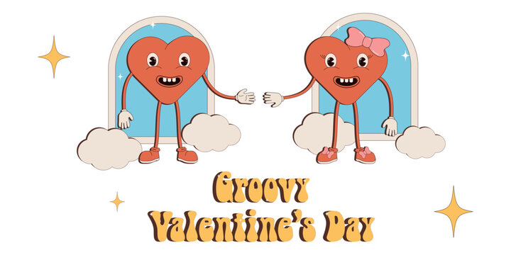 Groovy lovely stickers.Y2k collection.Retro style Valentine's day. 2000s.Retro y2k style.Cartoon style. Retro elements.Retro style Valentine's day. Valentines day greeting card.
