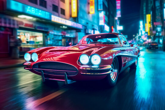 Retro Revival: Classic Car on Tokyo Street, Embracing Retrowave Aesthetics, Generative AI