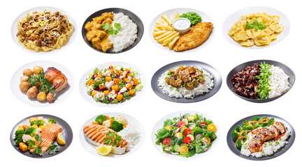 set of various plates of food isolated on a transparent background