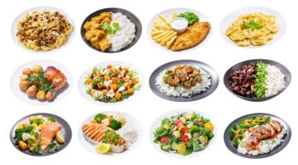 set of various plates of food isolated on a transparent background