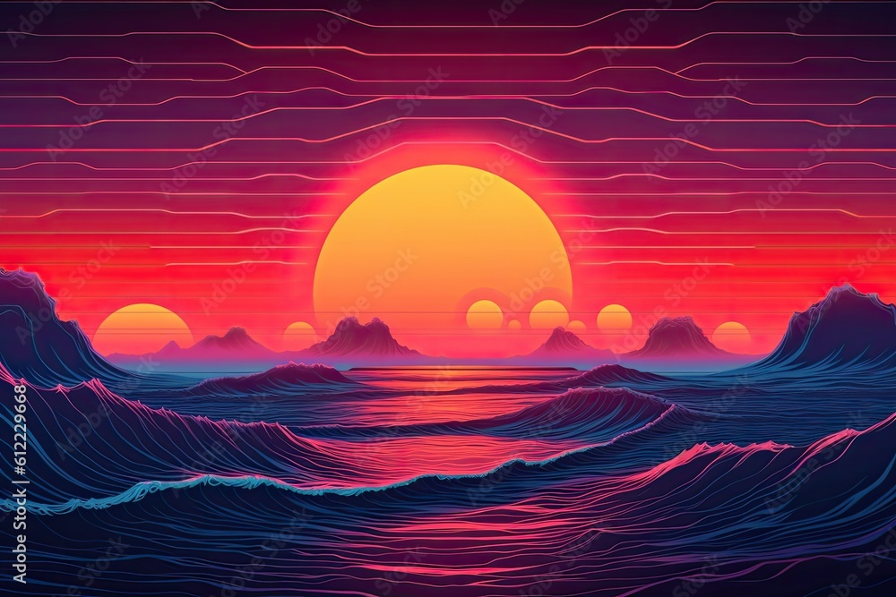 Sticker sunset over the sea with waves. illustration in a flat style. synthwave sunset landscape 80s retro s