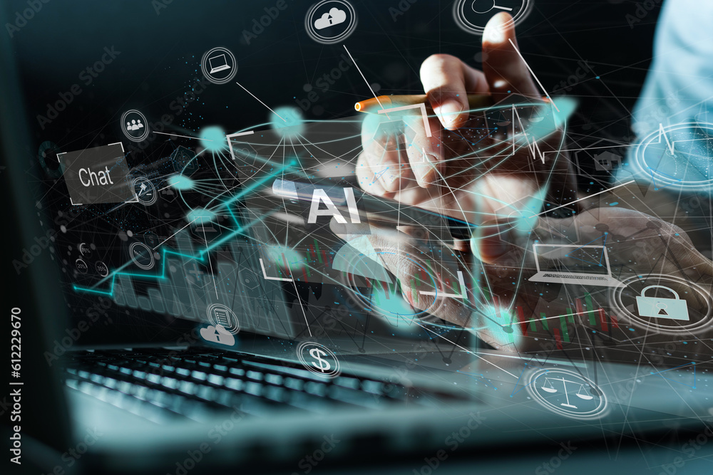 Poster man using laptop or smartphone with chat gpt chat with ai, artificial intelligence,system artificial