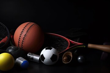 Sport equipment on a black background. Sports equipment on a black background. Sports Equipment on a dark background, AI Generated