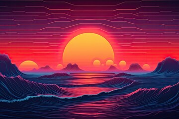 Fototapeta na wymiar Sunset over the sea with waves. illustration in a flat style. Synthwave sunset landscape 80s retro synthwave color, AI Generated