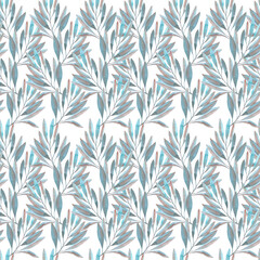 Hand drawn watercolor grey, blue and copper flowers and leaves seamless pattern. Isolated on white. Can be used for gift-wrapping, patterns, textile, fabric.