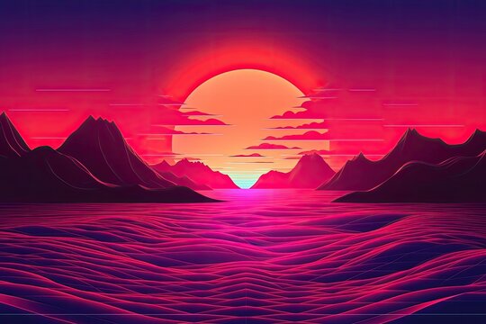 sunset over the sea and mountains, illustration, Synthwave sunset landscape 80s retro synthwave color, AI Generated