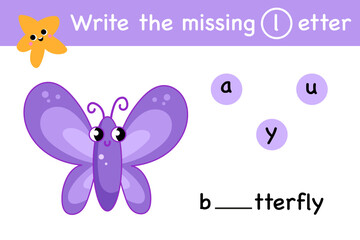 Butterflies insect letter alphabet match matching exercise game vector. Printable worksheet page write the missing lette activity playful character, fish, seashell, octopus, cute shark, starfish, crab