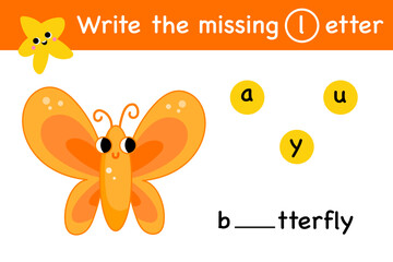 Butterflies insect letter alphabet match matching exercise game vector. Printable worksheet page write the missing letter activity playful gaming study preschool.