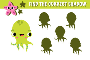 Underwater letter alphabet find missing shadow matching exercise game vector. Printable worksheet page nursery childish activity playful character, fish, seashell, octopus, cute shark, starfish, crab