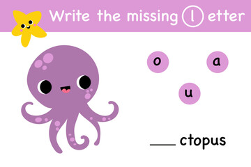 Write the missing letter find missing letter matching exercise game vector. Printable worksheet page nursery childish activity playful character, fish, seashell, octopus, cute shark, starfish, crab